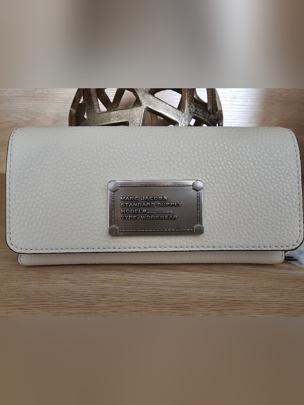 Marc Jacobs Cream Pebbled Leather Foldover Wallet with Metal Logo Plate